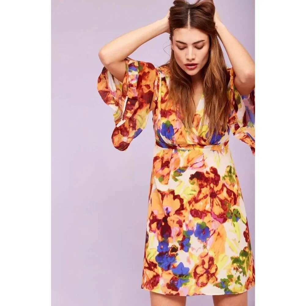 Anthropologie Maeve Silk Kimono Dress Floral V-Neck Open-Back Colorful Size 6 - Picture 3 of 8